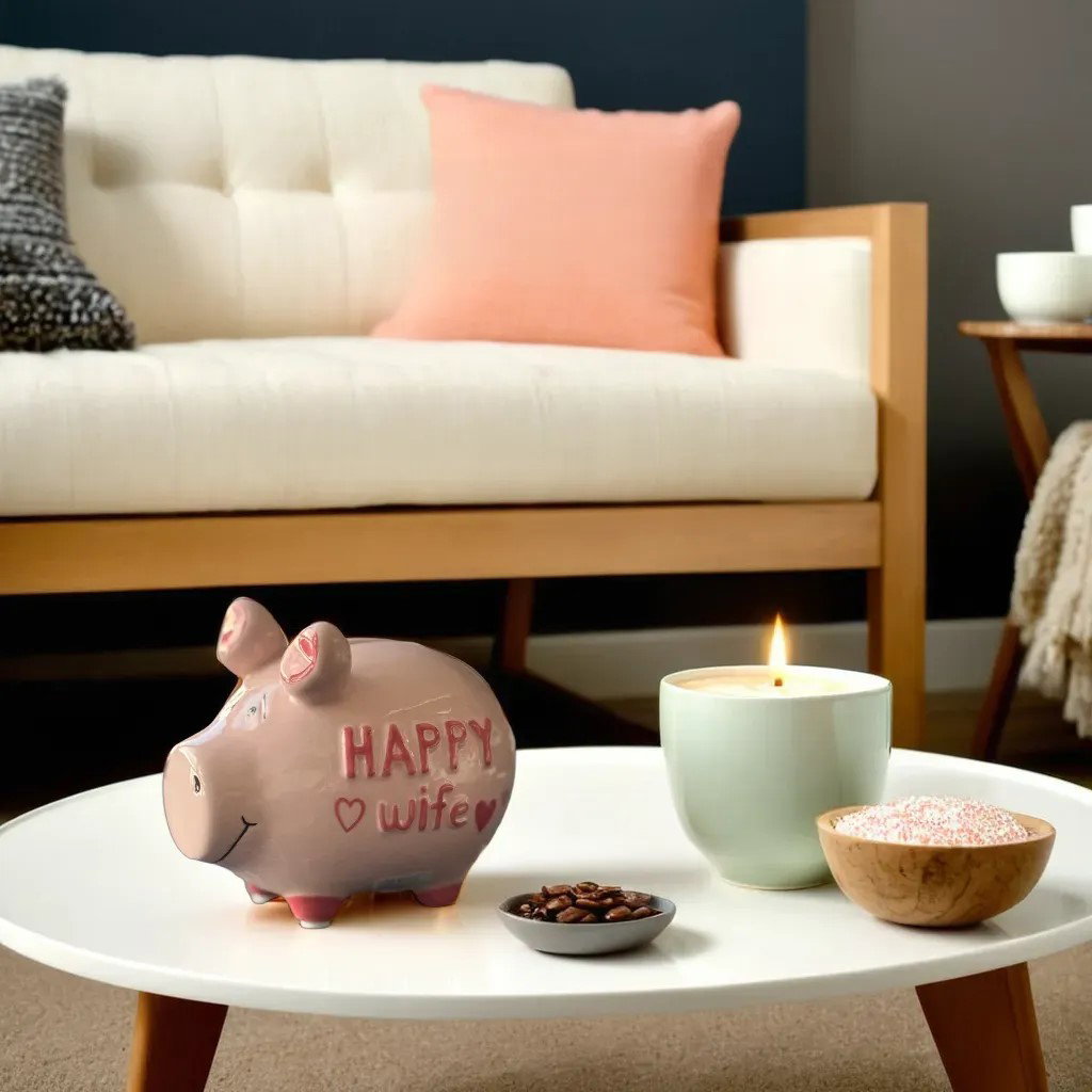 KCG "Happy Wife" ceramic piggy bank, pink/pink (W/H/D) 12x9x9cm small pig KCG "Happy Wife" ceramic piggy bank, pink/pink (W/H/D) 12x9x9cm small pig