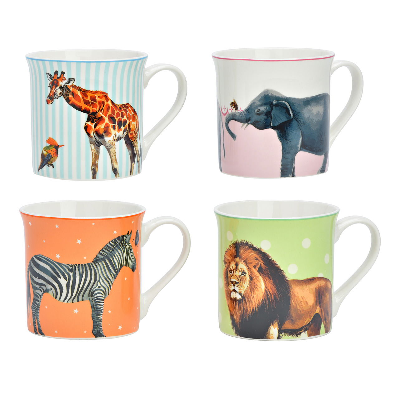 Becher Tiere aus Porzellan, 4-fach, Orange/Rosa/Grün/Blau (B/H/T) 12x9x9cm 300ml Pokal
