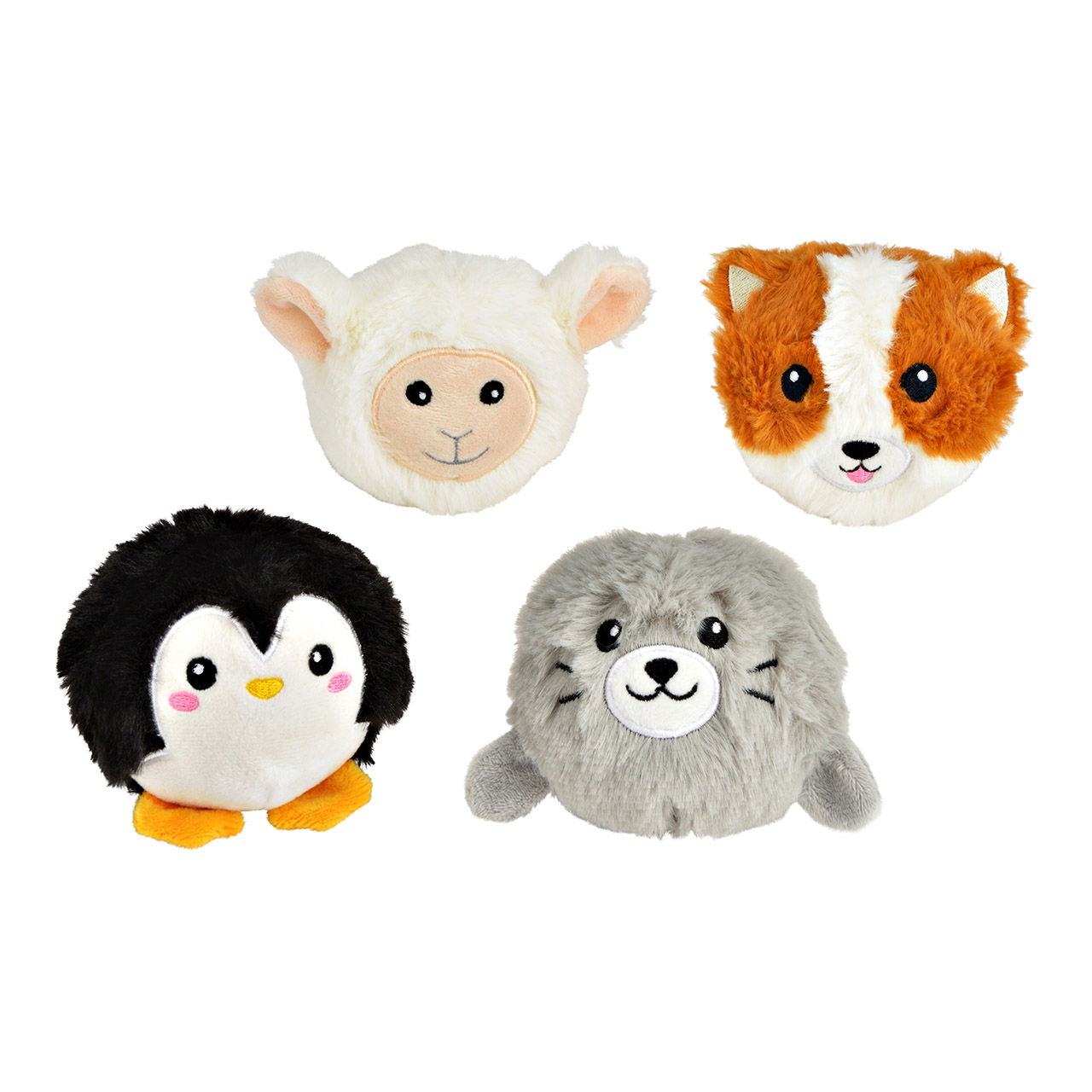 Pelotas antiestrés cabezas de animales de felpa/espuma con memoria, 4 vías, blanco/marrón/negro/gris Ø9cm