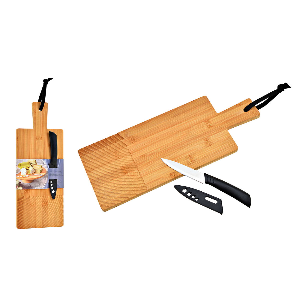 Tagliere per formaggi con 1 coltello da formaggio in bambù, plastica, metallo naturale, set di 2, (L/H/D) 38x1x15cm