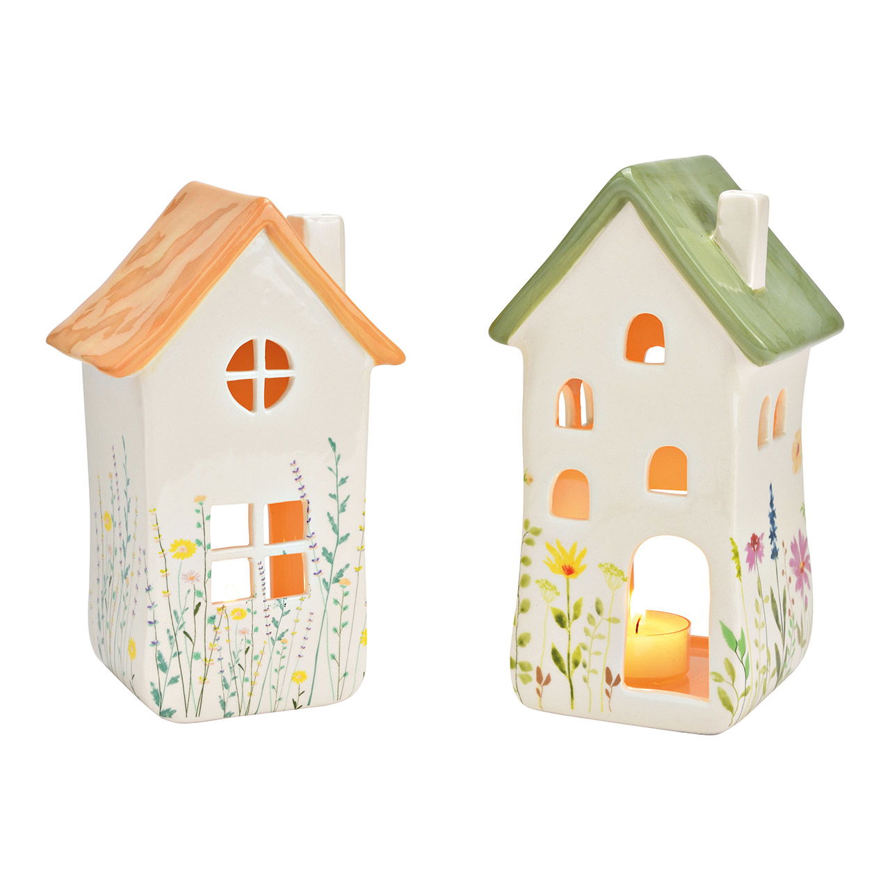 Windlight house flowers decor ceramic colorful 2-fold, (W/H/D) 12x19x10cm 11x20x10cm