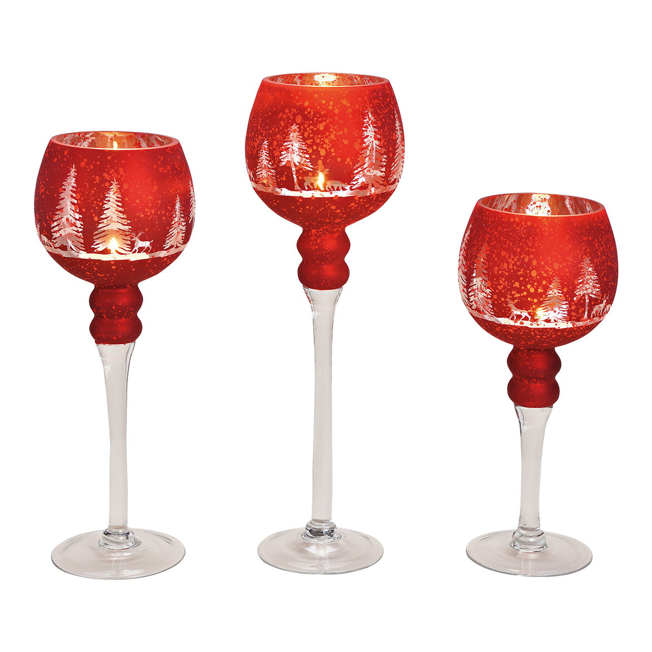 Photophore Set Calice, Décor Forêt d'hiver Rouge 30, 35, 40cm x Ø13cm en verre Set de 3 Photophore Set Calice, Décor Forêt d'hiver Rouge 30, 35, 40cm x Ø13cm en verre Set de 3