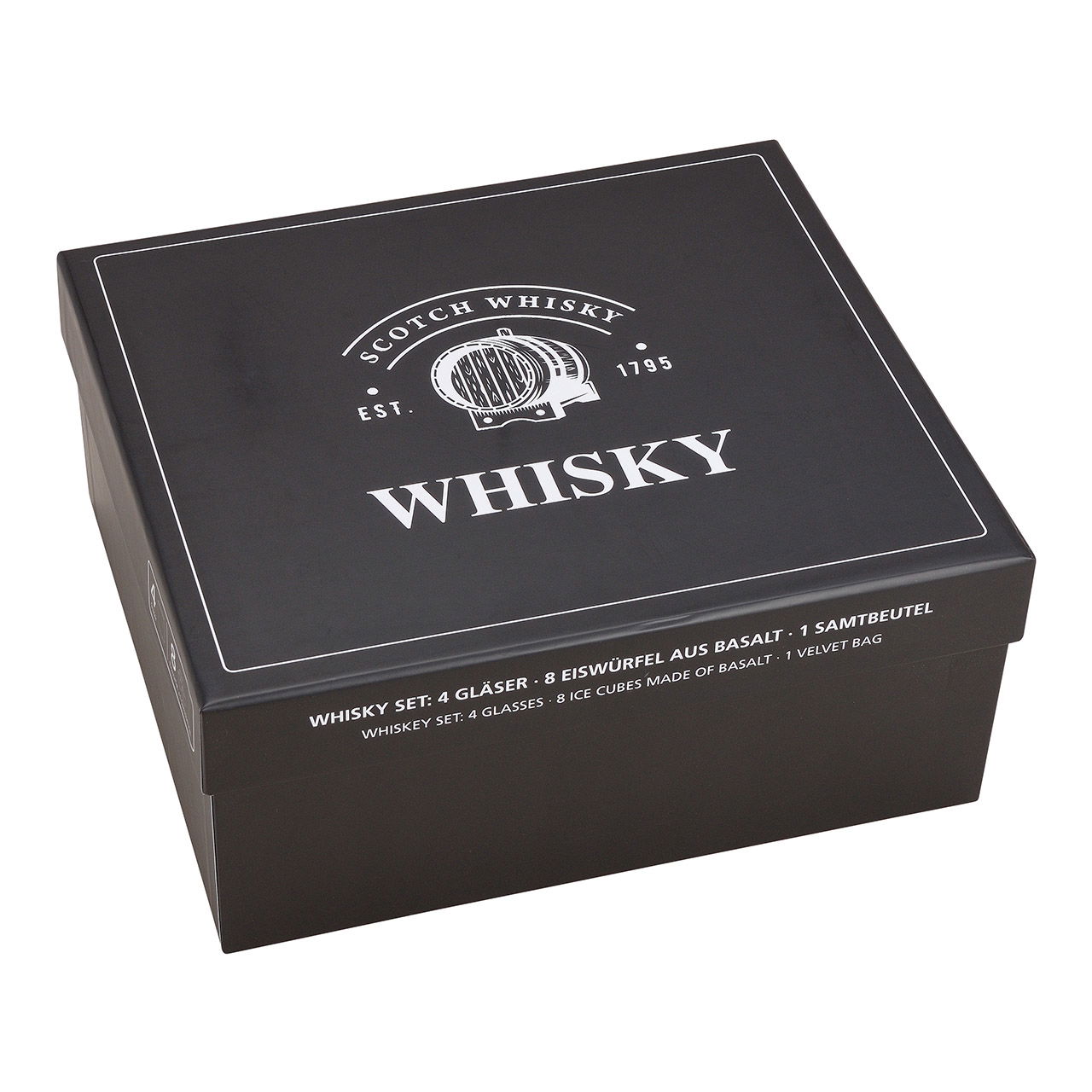 Whisky stenen set, basalt stenen ijsblokjes, 2cm, 8 blokjes met 4 glazen 9x8x9cm 300ml, 26,6x11,5x23,6cm