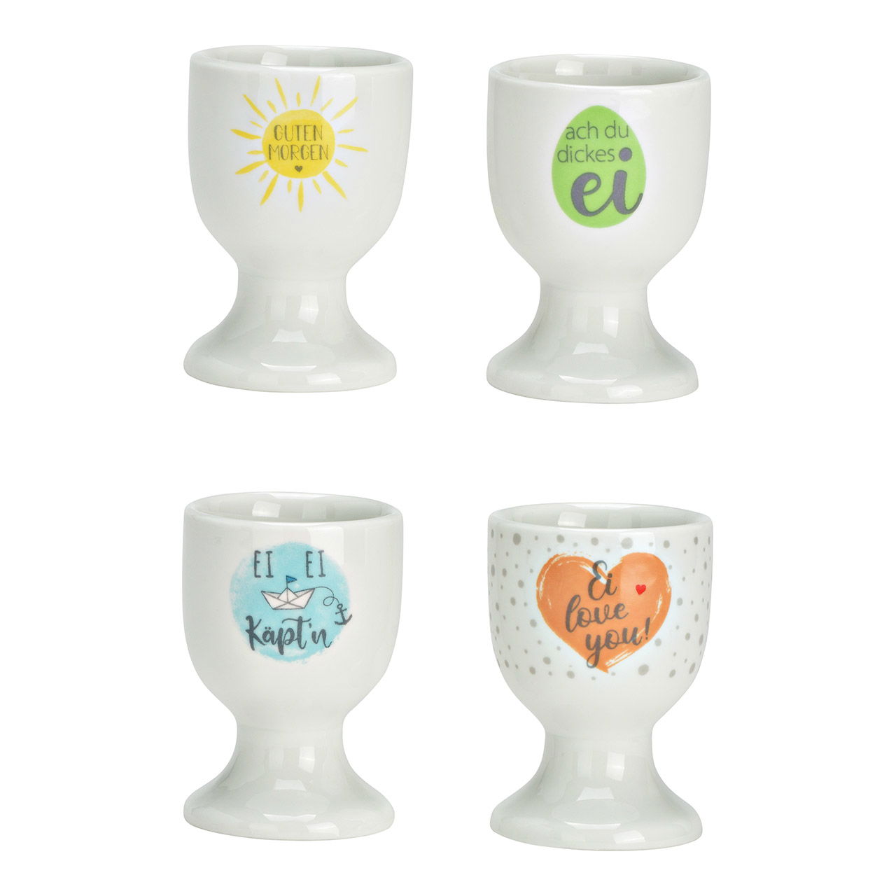 Porcelain egg cup with saying, 4-fold, colorful (W/H/D) 5x7x5cm