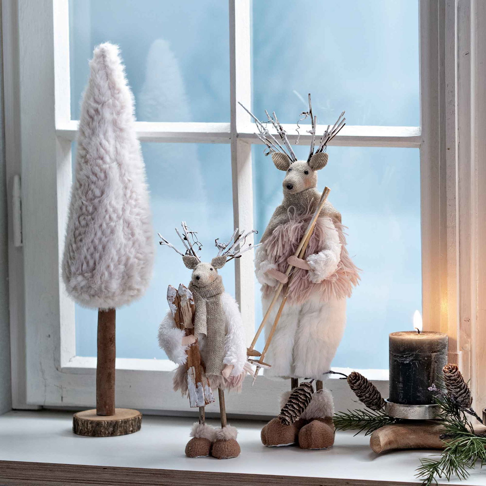 Aufsteller Tannenbaum Kunstfell auf Holzstamm aus Polyester beige (B/H/T) 10x46x10cm Lampe
