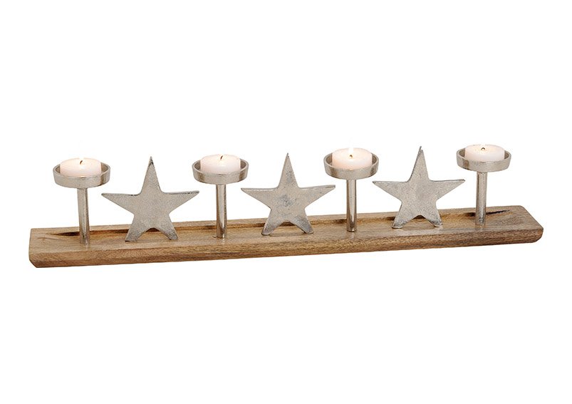 Advents candle holder, metal, mango wood, star design, silver brown color, 75x15x10cm