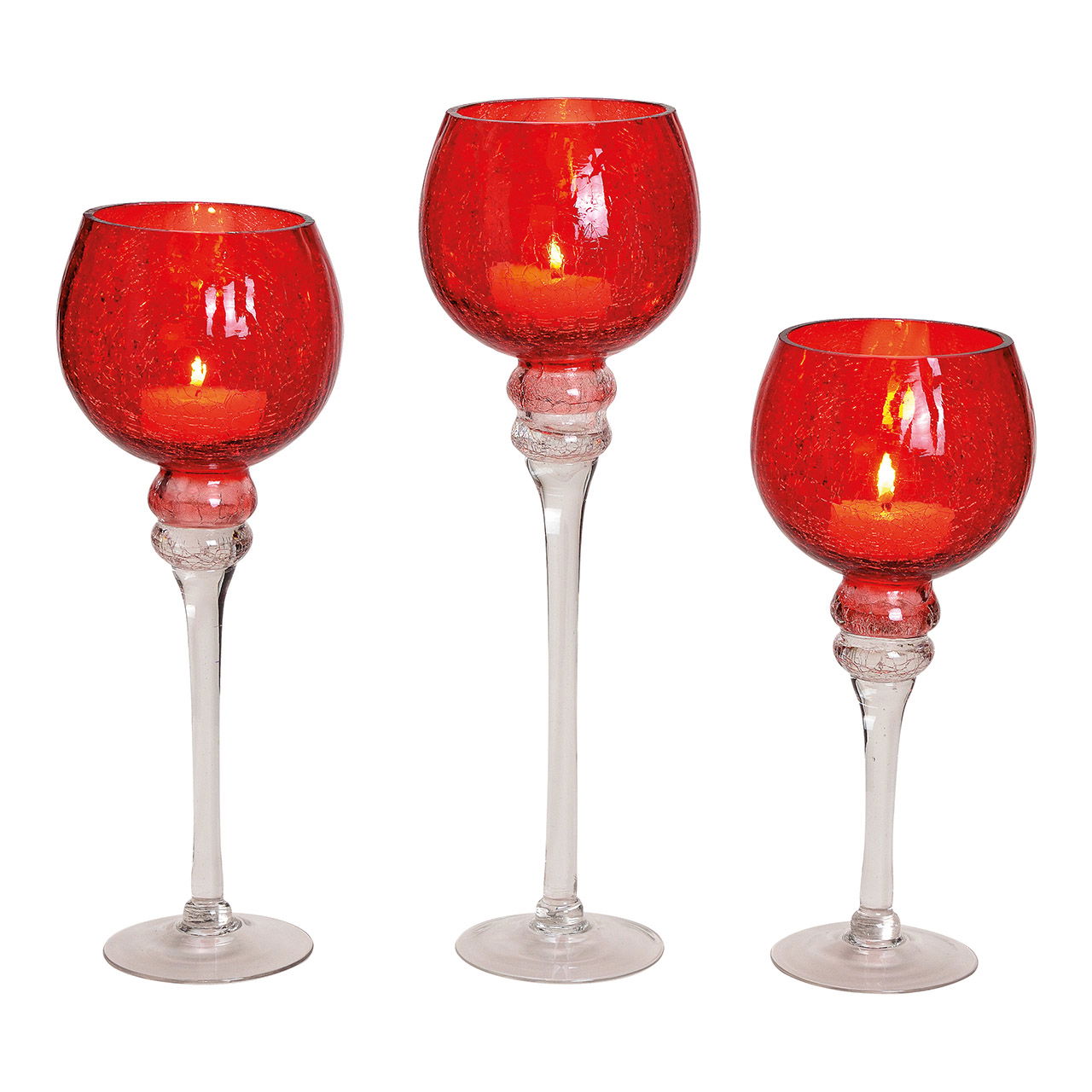 Windlicht Kelch Cracking aus Glas, 3er-Set, Rot (H) 30/35/40cm Ø13cm Glas, Kelch, Schnaps, Wein, Weinglas