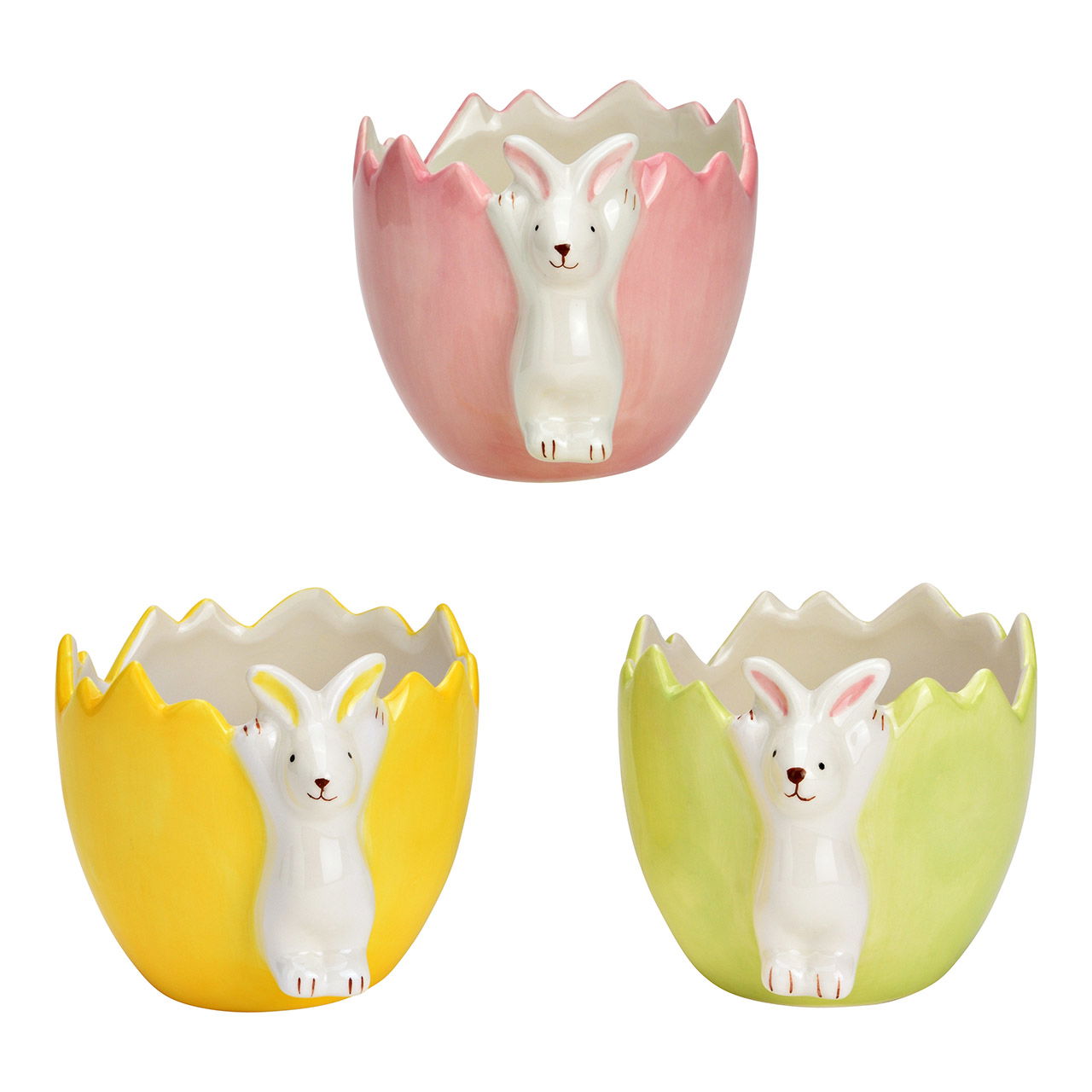 Oeufs de Pâques avec lapin en céramique, triple, jaune/vert/rose (L/H/P) 9x11x8cm Kunst, Porzellan, Töpferei, Schüssel