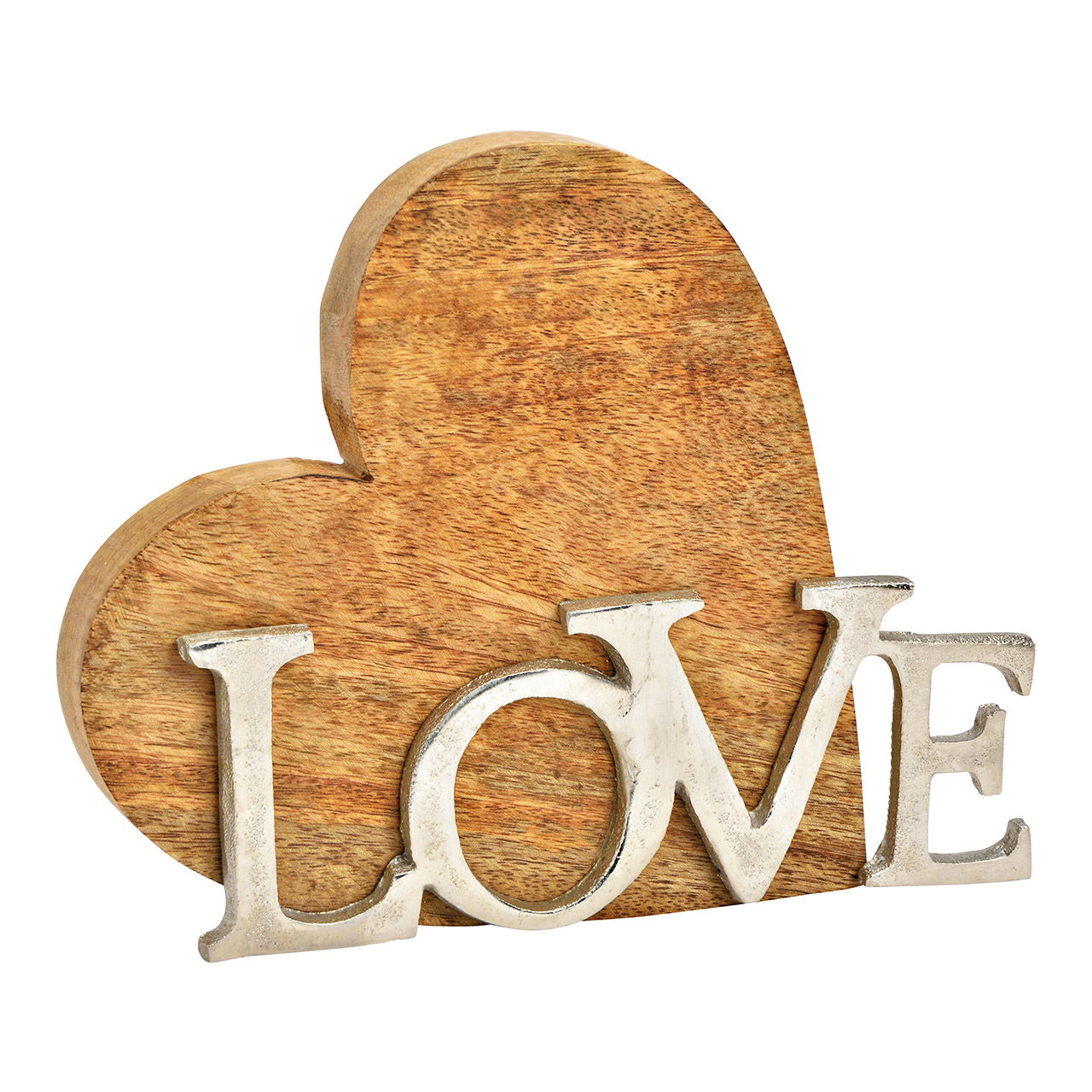 Espositore a cuore, con scritte in metallo, LOVE in legno di mango naturale (L/H/D) 22x17x4cm