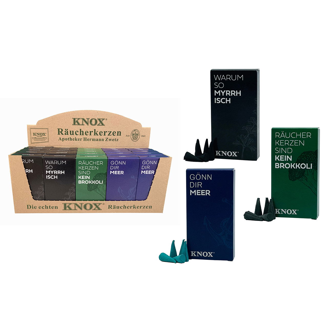 Räucherkerzen Young Knox Packung a 24 Kegel aus Naturmaterial, 3-fach, Bunt (B/H/T) 6x12x2cm Kiste