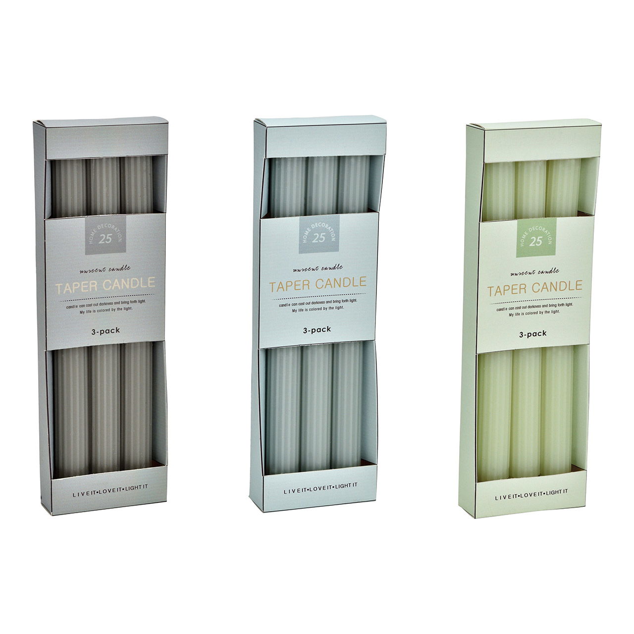 Stabkerze aus Wachs 3er Set, farblich 3-fach sortiert, Blau/Grün/Grau (B/H/T) 2x25x2cm Stabkerze aus Wachs 3er Set, farblich 3-fach sortiert, Blau/Grün/Grau (B/H/T) 2x25x2cm