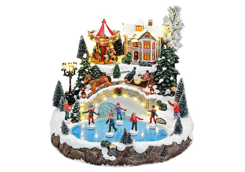 Scène d'hiver avec lumière, musique, carrousel animé. Carrousel, patineurs, en poly 33x35x29cm