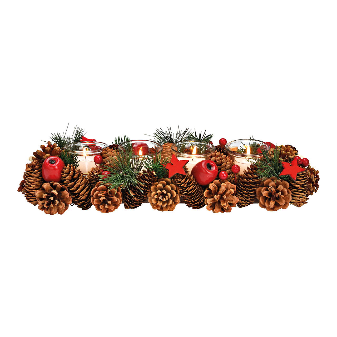 Adventsgesteck aus Holz/Glas/Kunststoff, Braun, Grün, Rot (B/H/T) 40x9x14cm Adventsgesteck aus Holz/Glas/Kunststoff, Braun, Grün, Rot (B/H/T) 40x9x14cm