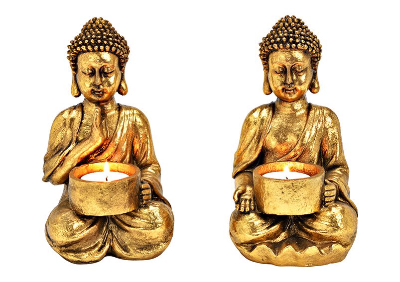 Tealight holder Buddha di poly gold 2-fold, (W/H/D) 11x18x11cm