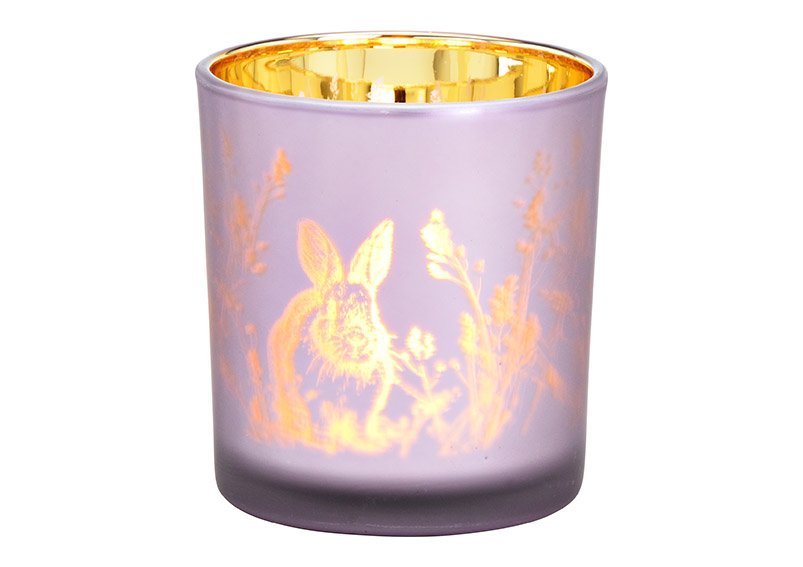 Linterna decoración conejito de vidrio púrpura, oro (A/H/D) 7x8x7cm
