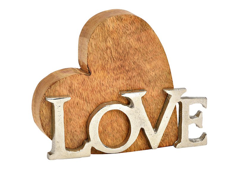 Hart standaard, met metalen letters, LOVE, gemaakt van natuurlijk mangohout (B/H/D) 16x12x3cm