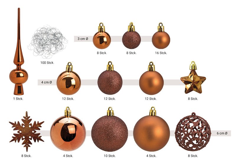 Set de boules de Noël en plastique Marron 111 pièces, (L/H/P) 36x23x12cm Ø 3/4/6 cm