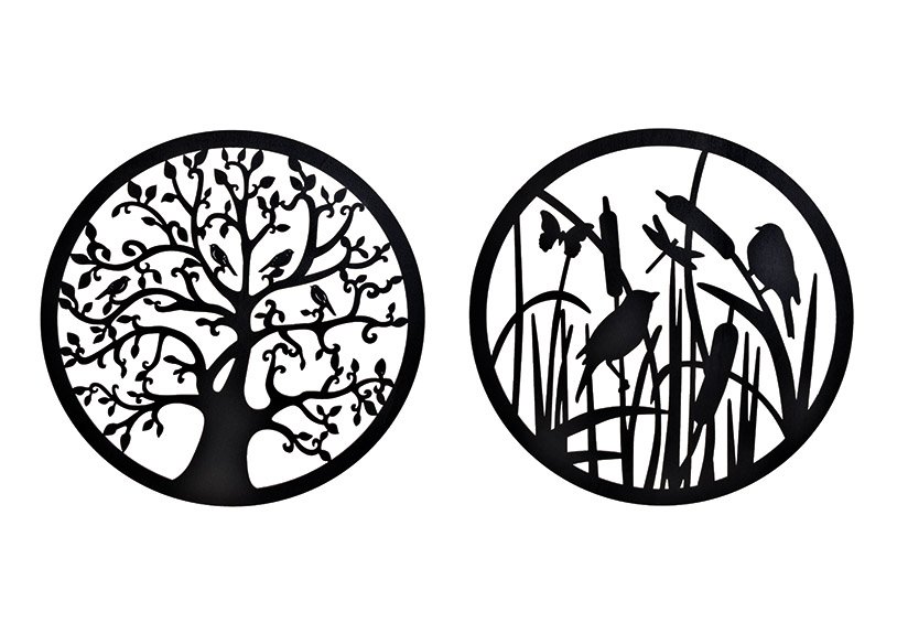 Wanddecoratie cirkel boom, vogel decor van hout zwart 2-vouw, Ø45cm