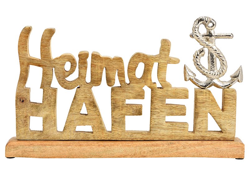 Lettering, Heimat Hafen, metal anchor decor, made of mango wood natural (W/H/D) 32x20x5cm