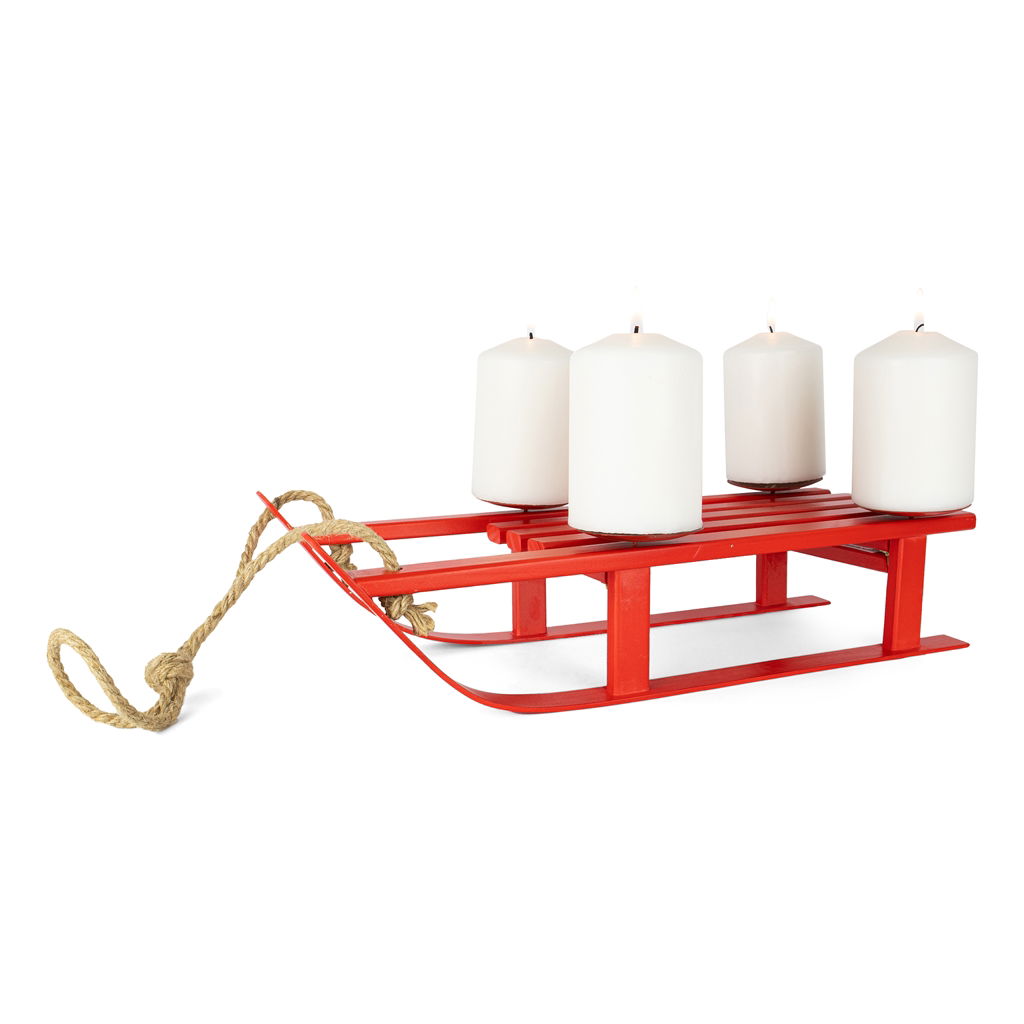 Traîneau avec 4 assiettes à bougies, bois, 39x20x11cm, 1 pc, rouge Kerze