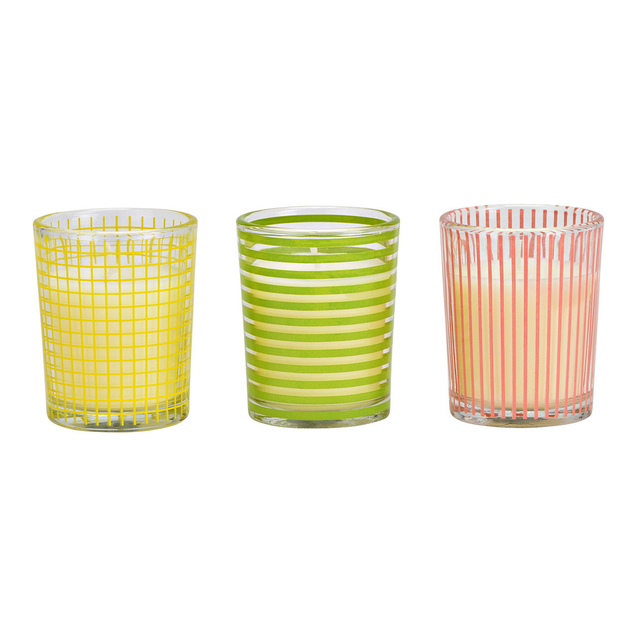 Glass lantern with candle, set of 3, triple, yellow/pink/green 135g (W/H/D) 5x6x5cm/22x8x8cm