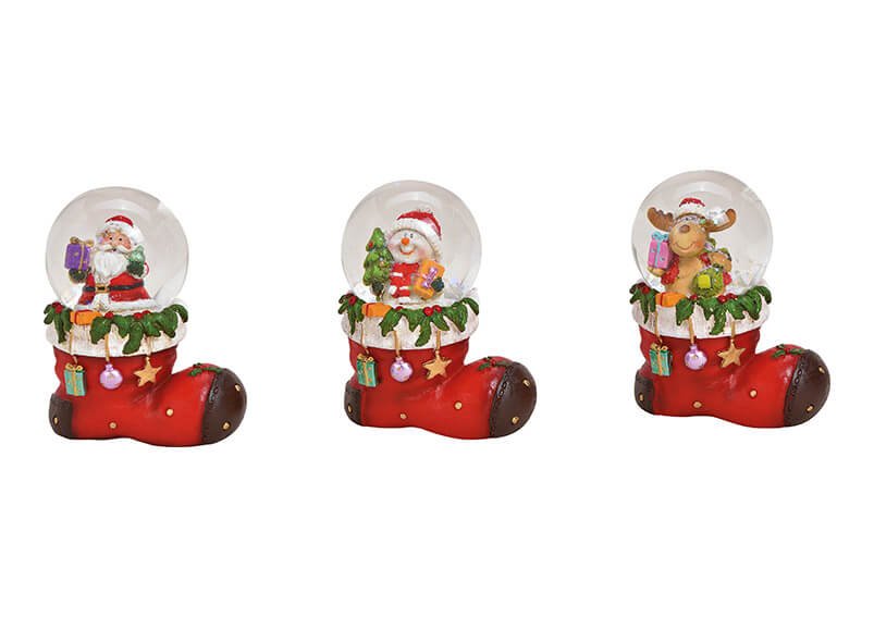 Schneekugel Nikolaus, Schneemann, Elch mit Weihnachtsmütze auf Stiefelsockel aus Poly, Glas Bunt 3-fach, (B/H/T) 7x8x5cm