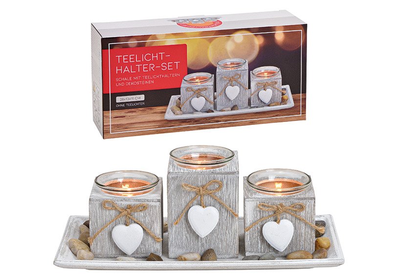 Teelichthalter 3er mit Herz Anhänger aus Kiefernholz, Glas Weiß 5er Set, (B/H/T) 28x13x11cm