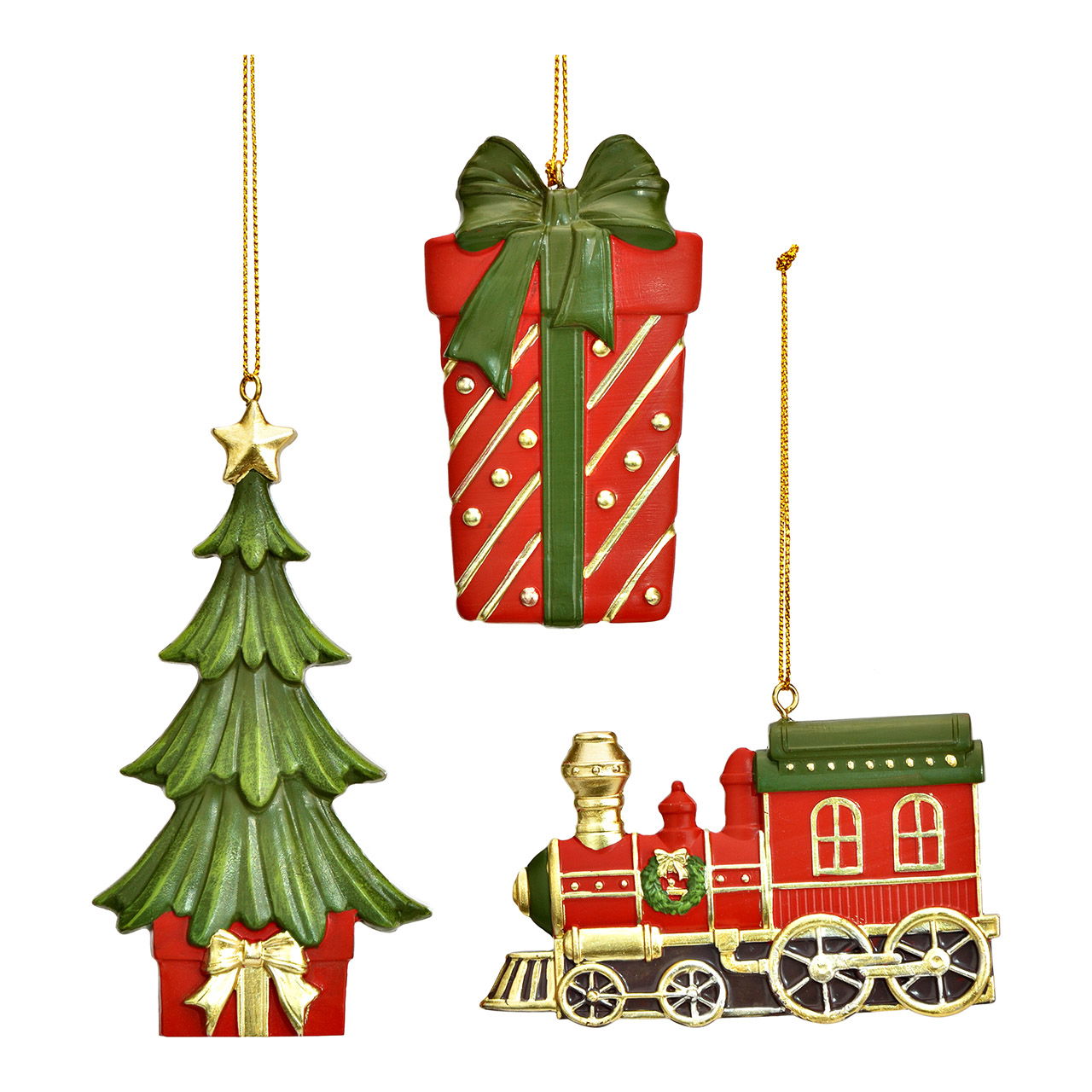 Weihnachtshänger Tannenbaum/Geschenk/Zug aus Poly, 3-fach, Rot/Grün (B/H/T) 5x8x1cm Weihnachtshänger Tannenbaum/Geschenk/Zug aus Poly, 3-fach, Rot/Grün (B/H/T) 5x8x1cm