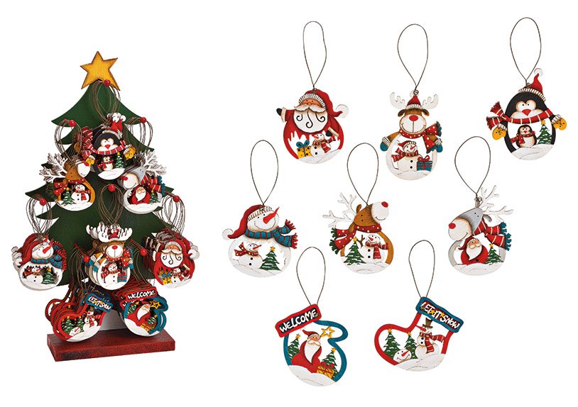 Appendino natalizio Babbo Natale, alce, pupazzo di neve, pinguino su supporto per albero 26x47x12cm in legno colorato a 8 pieghe (L/H/D) 8x9x0.5 cm