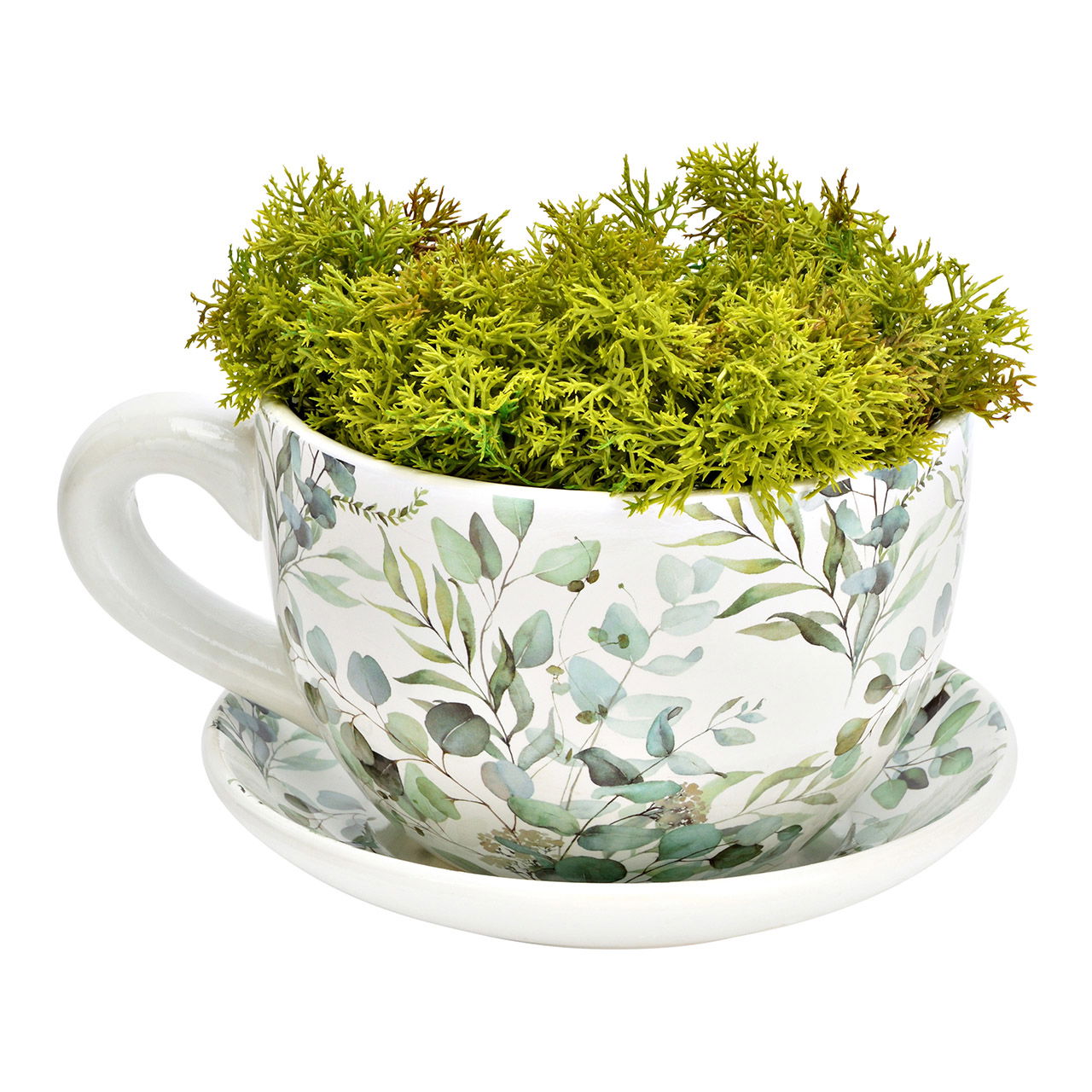 Pot de fleurs tasse décor eucalyptus en céramique vert (L/H/P) 20x12x15cm