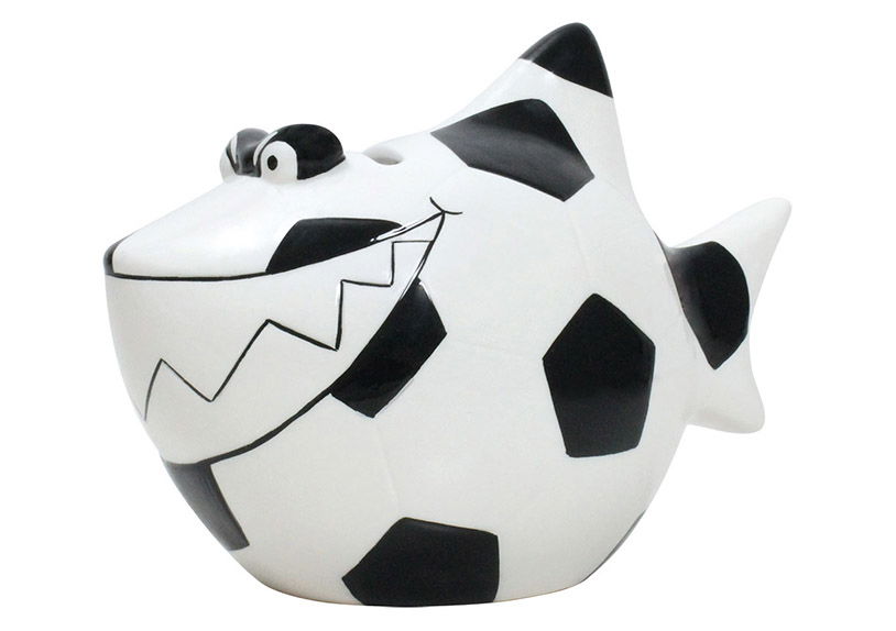 KCG Sparschwein Hai Fußball aus Keramik, Weiß/Schwarz (B/H/T) 13x11x7,5cm Fußball-Ball, Sport, Töpferei, Kochgeschirr, Topf