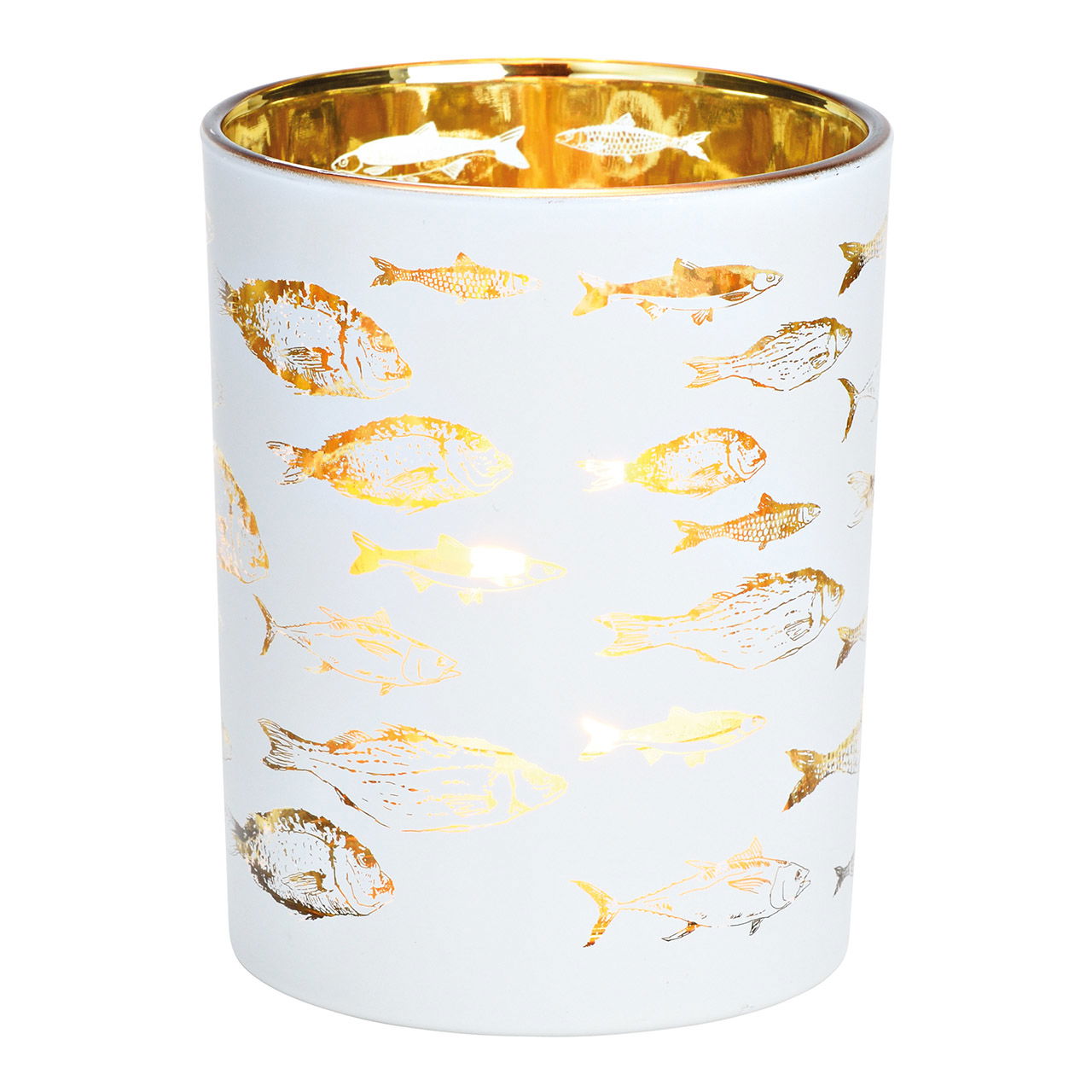 Windlicht vis decor van glas wit, goud (B/H/D) 10x12x10cm