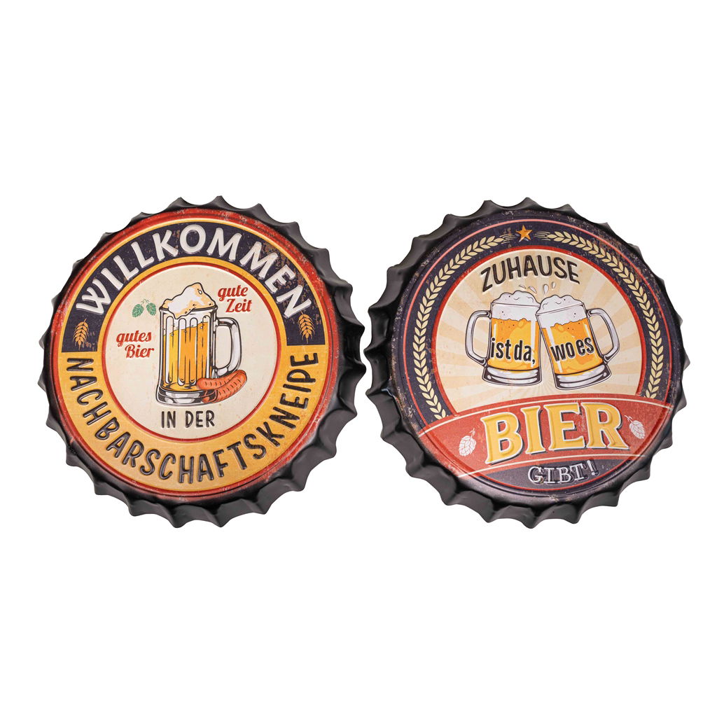 Dekohänger Kronkorken, 2 Motive sortiert, Metall, 35x3,8cm , 1 Stck, schwarz-gelb Abzeichen, Logo, Symbol