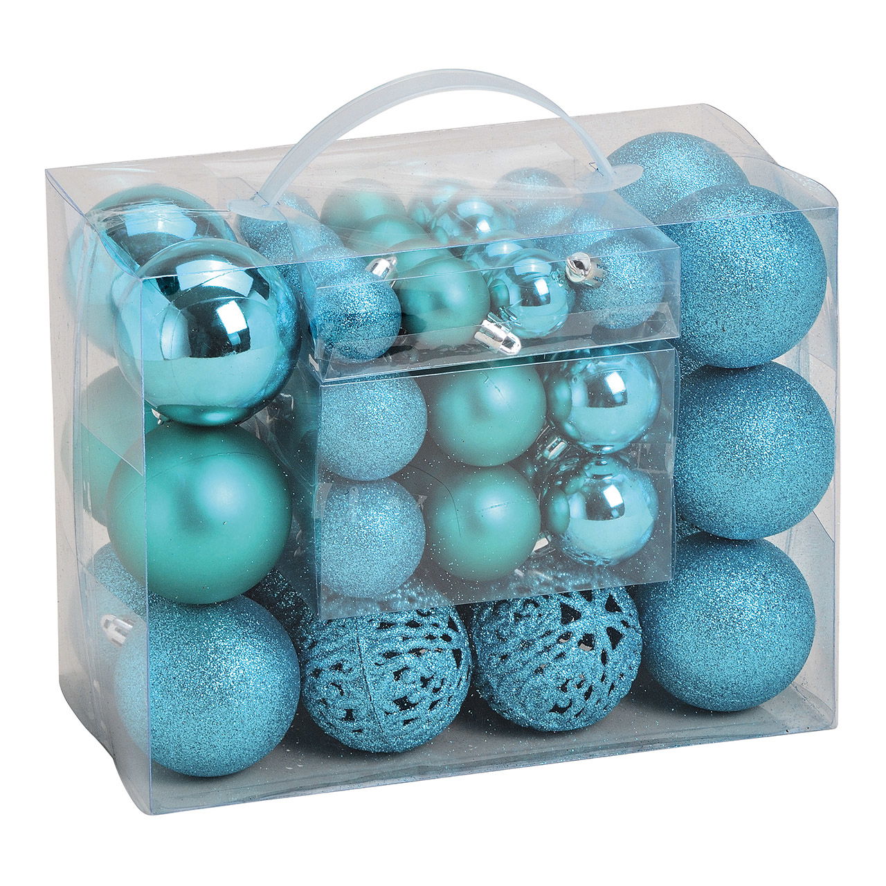 Weihnachtskugeln aus Kunststoff, 50er-Set, Türkis Ø3/4/6cm (B/H/T) 23x18x12cm Sphäre, Zubehör, Perle