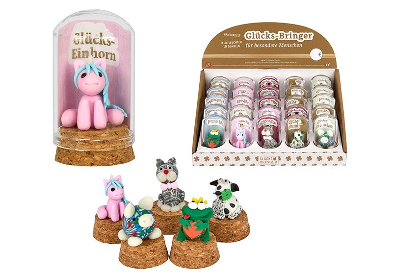 Mixed lucky charms in a jar, 25 pieces in a display, unicorn, beetle, maxi piggy, cat, dog