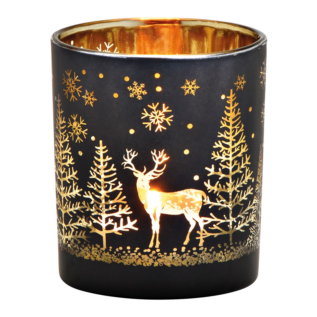 Windlicht Winterwald Dekor aus Glas Schwarz, gold (B/H/T) 7x8x7cm | 10032917