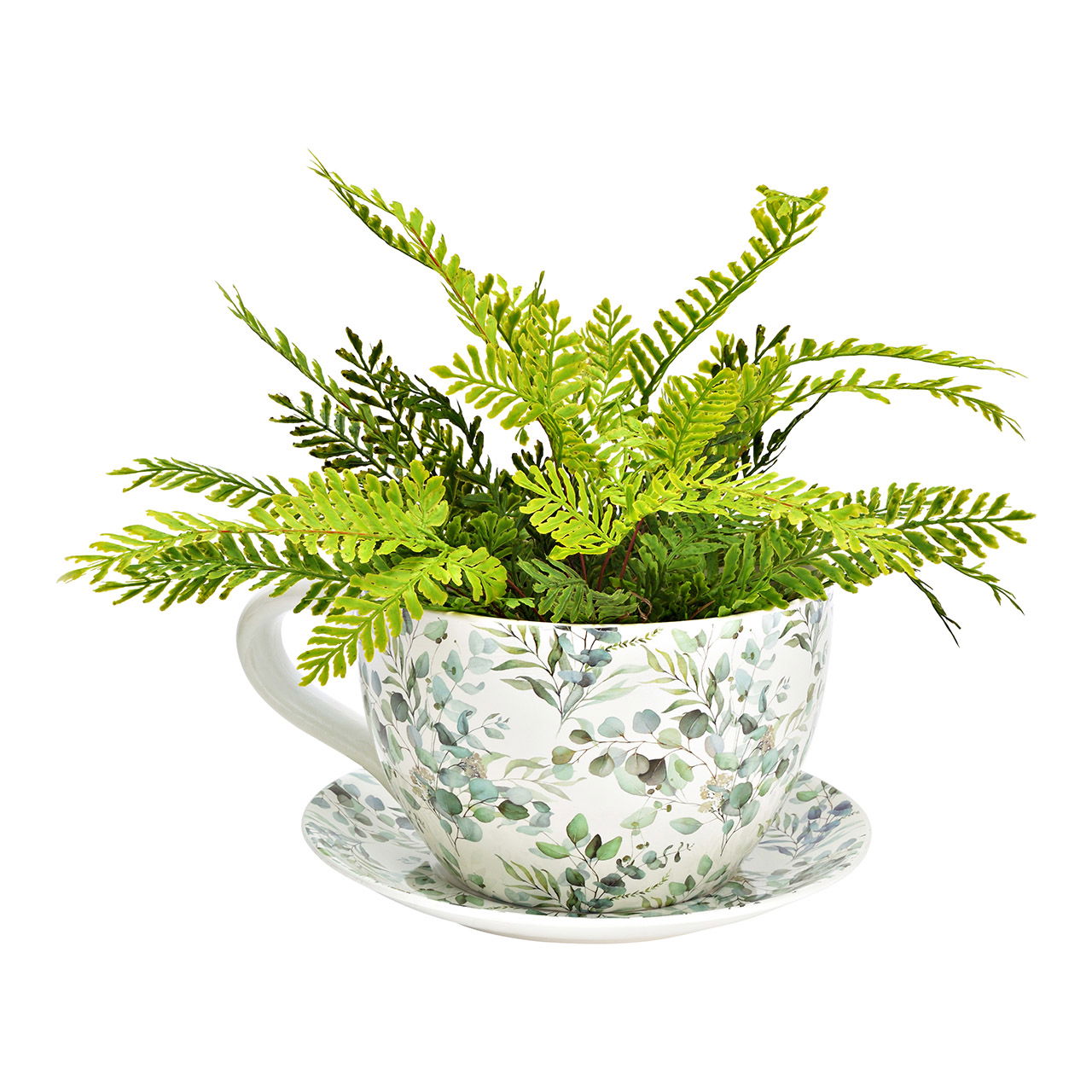 Pot de fleurs Jumbo Tasse Décor Eucalyptus en céramique vert (L/H/P) 29x23x14cm