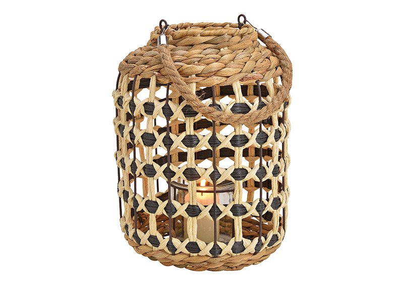Lantern metal, corn husk glass, brown 22x30x22cm