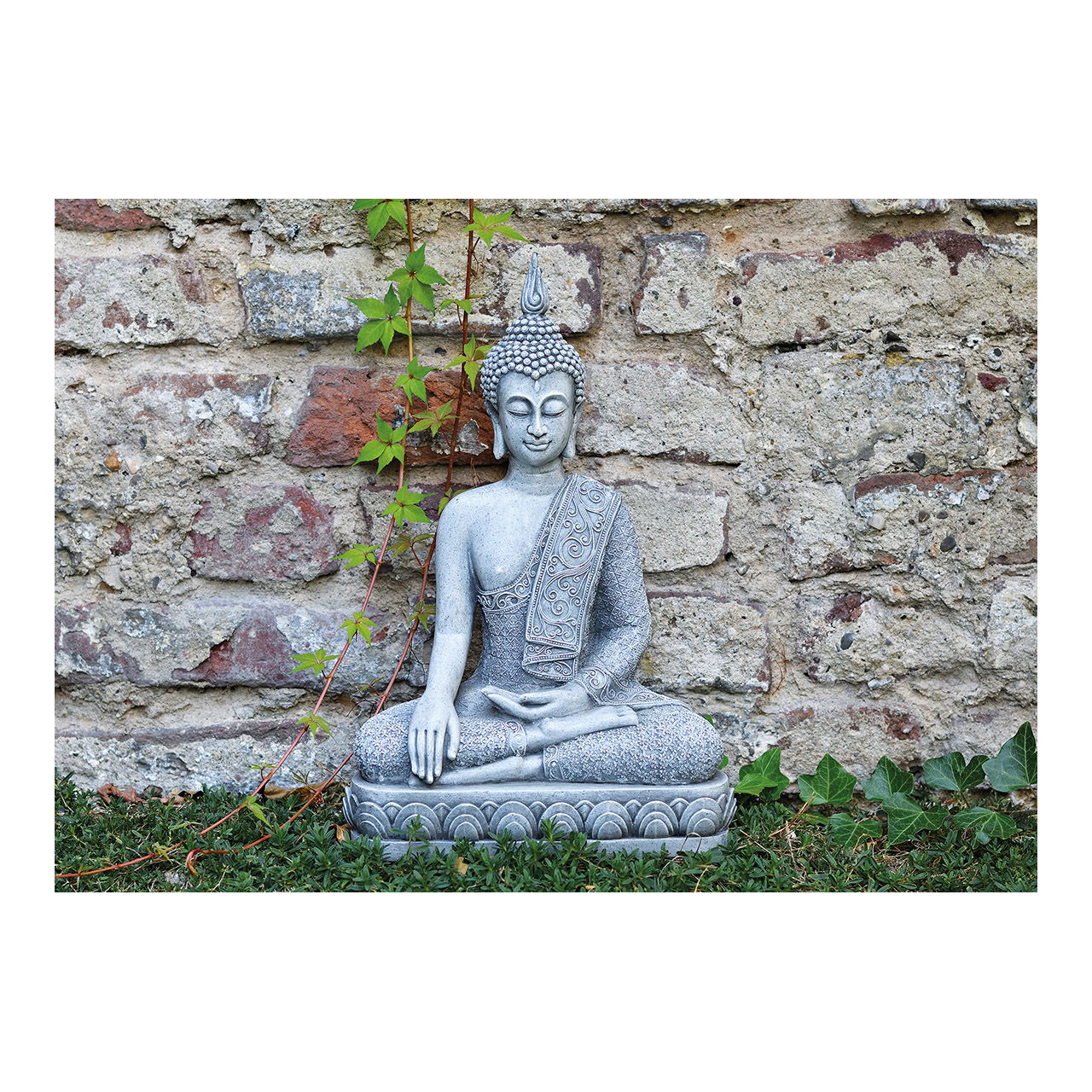 Bouddha assis sur un socle gris en poly, 39 cm