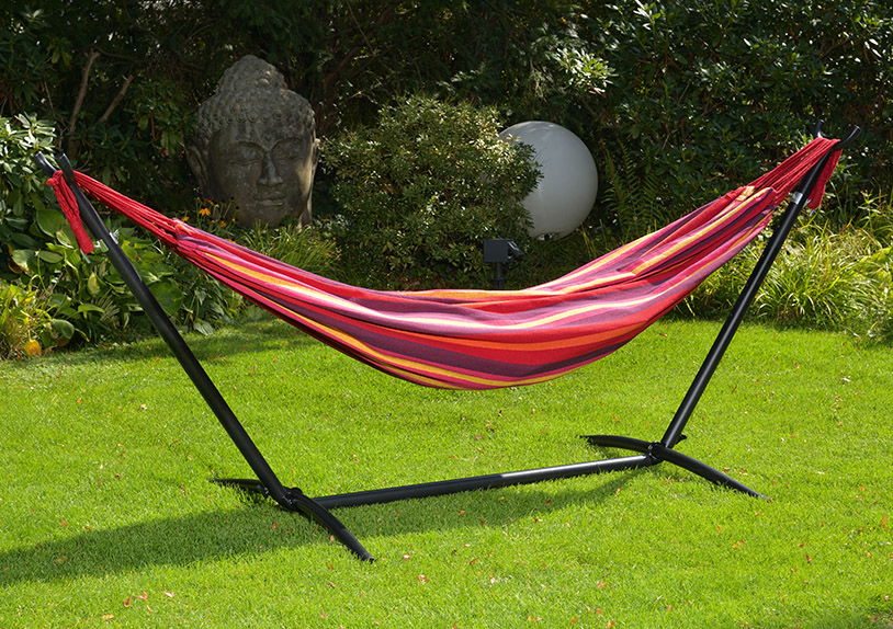 Support hamac set complet, surface de couchage 190x80cm en métal, textile rouge (L/H/P) 260x100x100cm