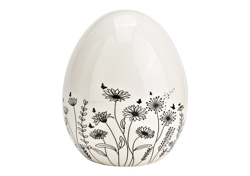 Oeuf de Pâques avec décor de prairies fleuries en céramique noire, blanche (L/H/P) 10x12x10cm