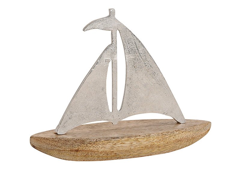 Sailing boat, metal, mango wood, silver brown color, 27x21x8cm