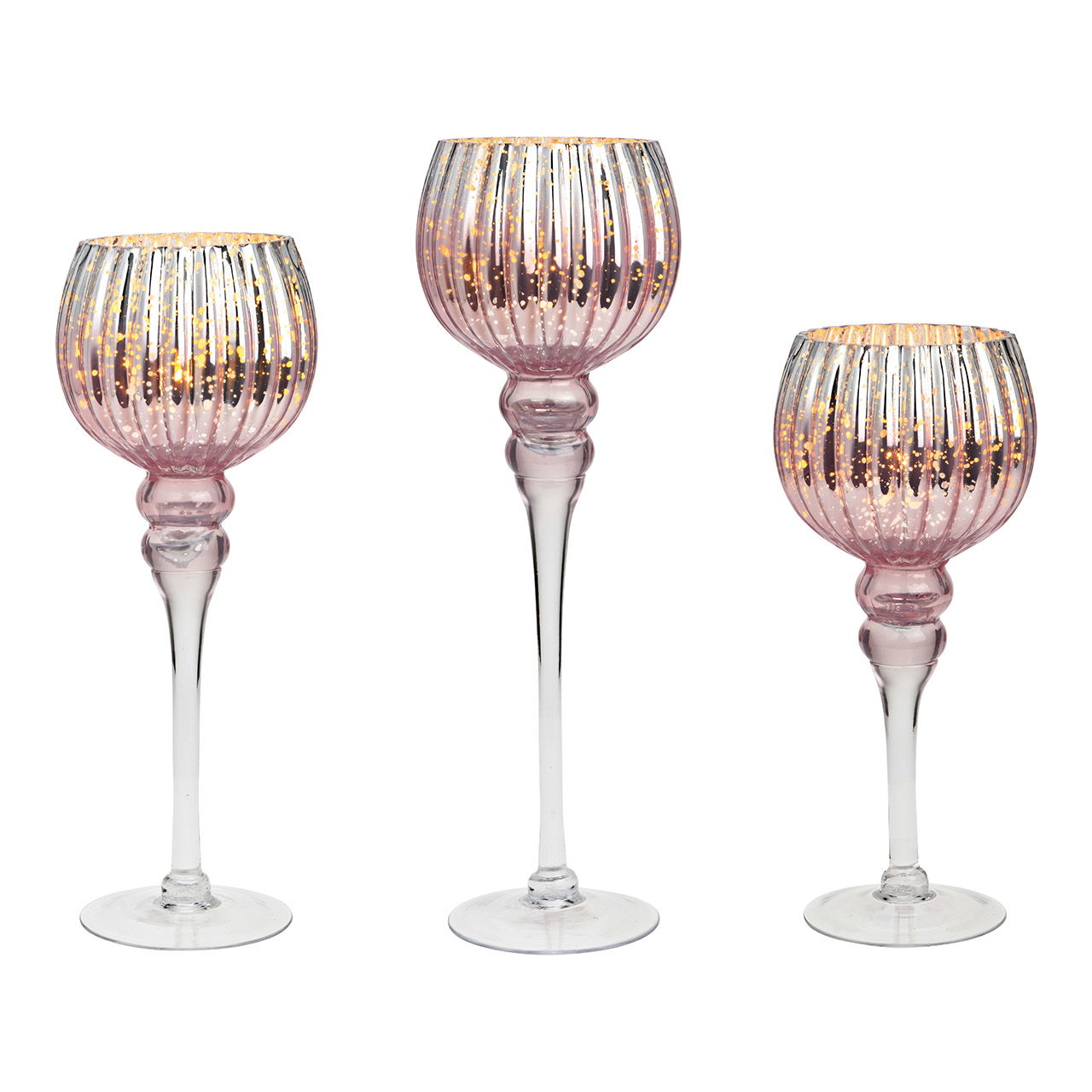 Photophore set calice sur pied 3 pièces, en verre rose/rose (H) 30,35,40cmxØ13cm