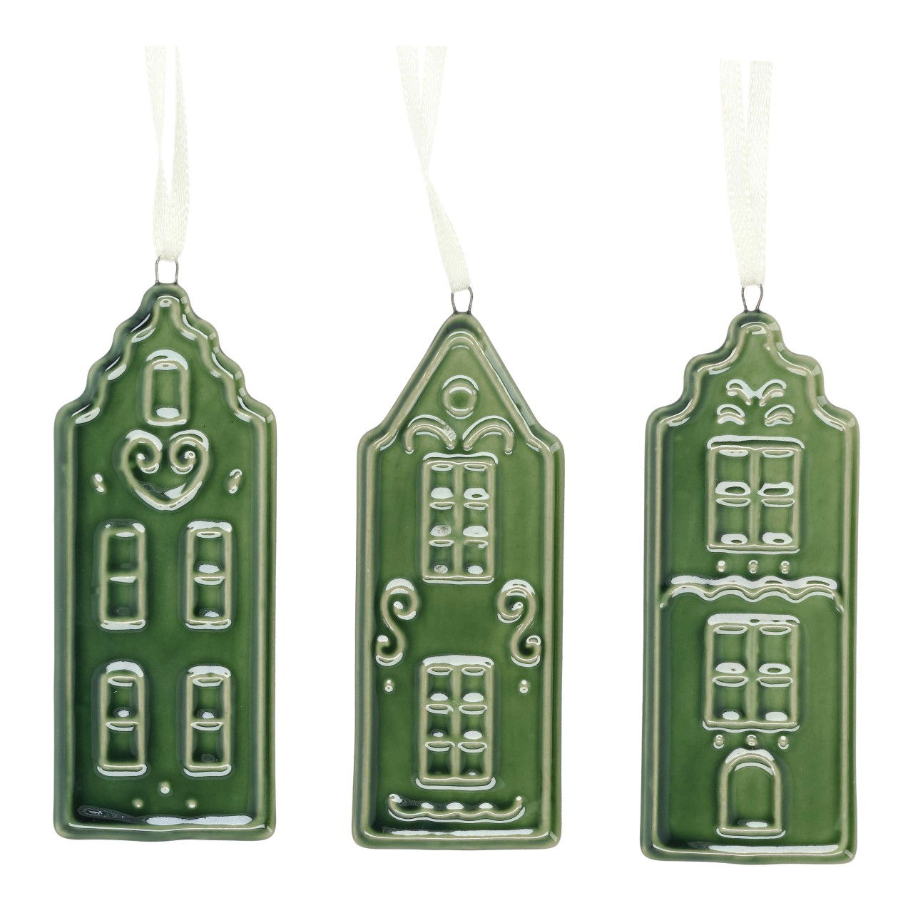 Hänger Haus aus Porzellan Grün 3-fach sortiert (B/H/T) 4x10x0.5cm house, grün, ornament, keramik, drei-teil