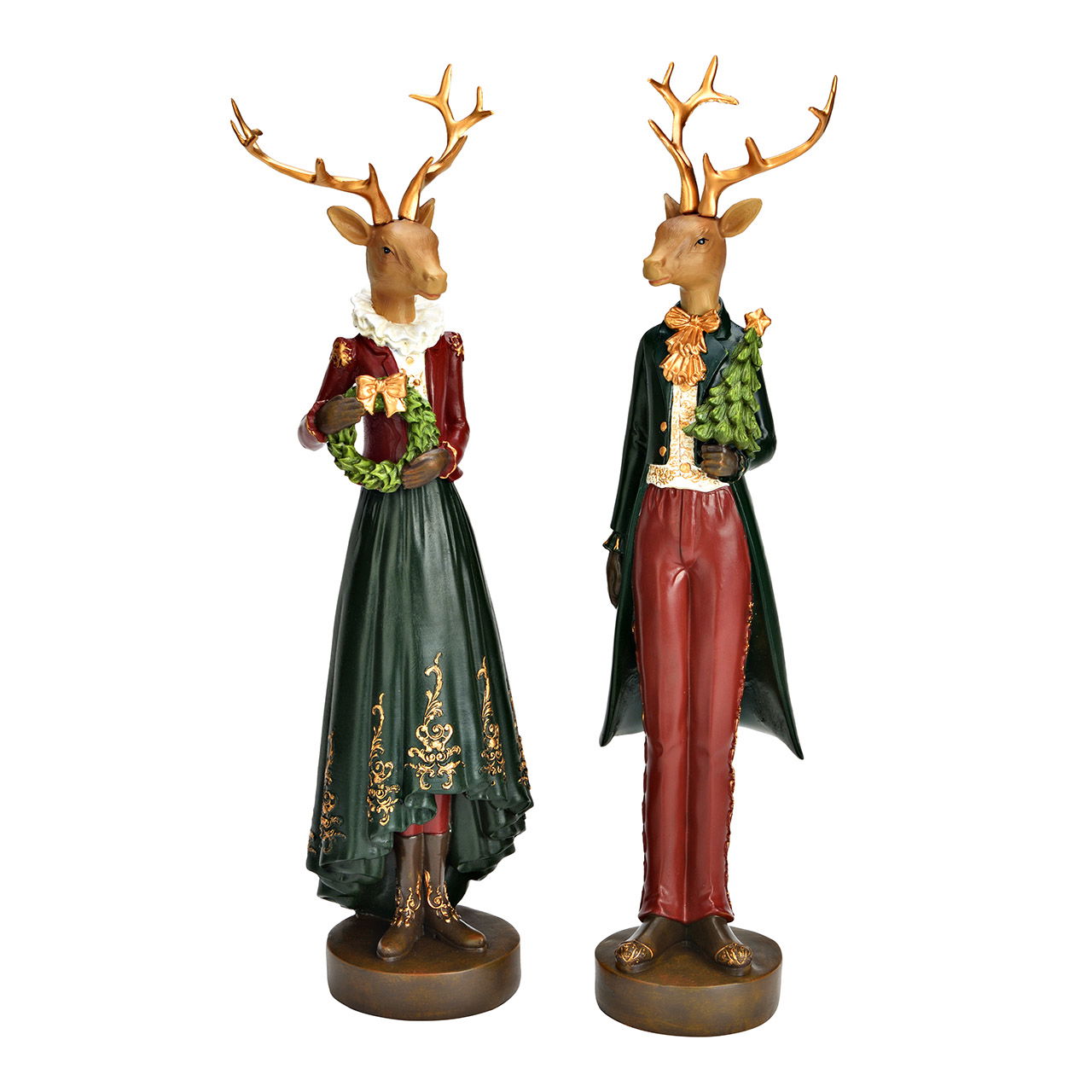 Hirsch mit Tannenbaum/Kranz aus Poly, 2-fach, Rot/Grün (B/H/T) 8x36x8cm