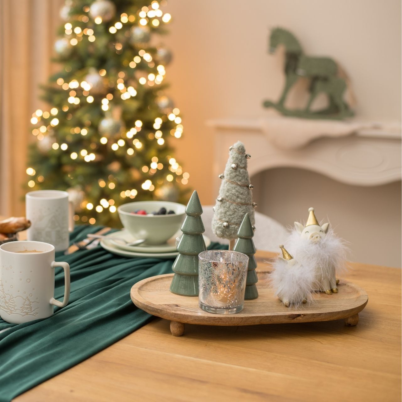 miniature trees, felt tree, wood base, twine wrap, silver bells