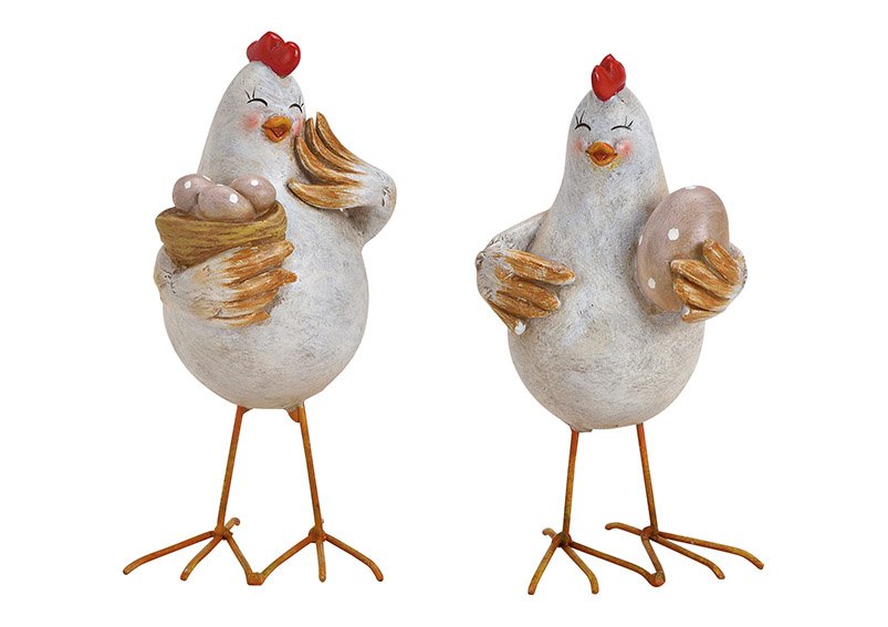 Huhn mit Eier aus Poly, Metall Füße Weiß 2-fach, (B/H/T) 7x15x6cm