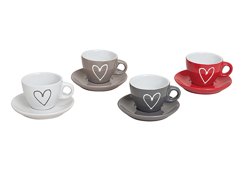 Espresso mug w.saucer heart decor ceramic 4-ass. 5 cm