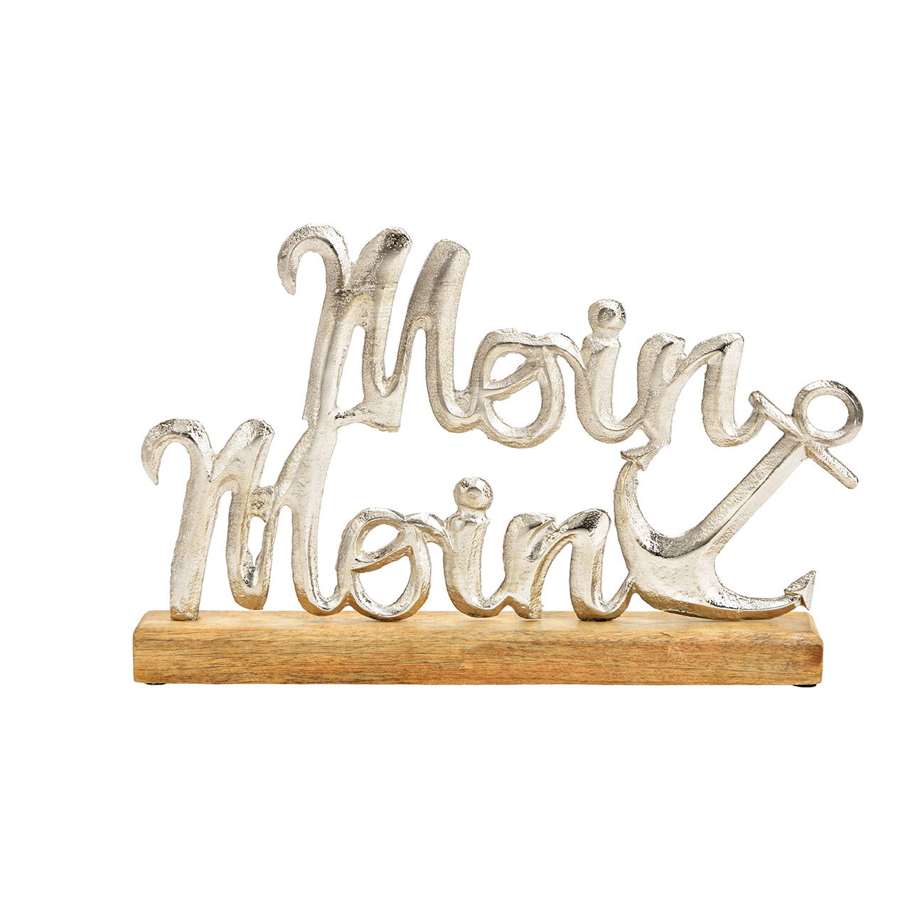 Espositore con scritte, Moin Moin, decorazione marittima, su base in legno di mango, metallo argentato (L/H/D) 35x22x5cm