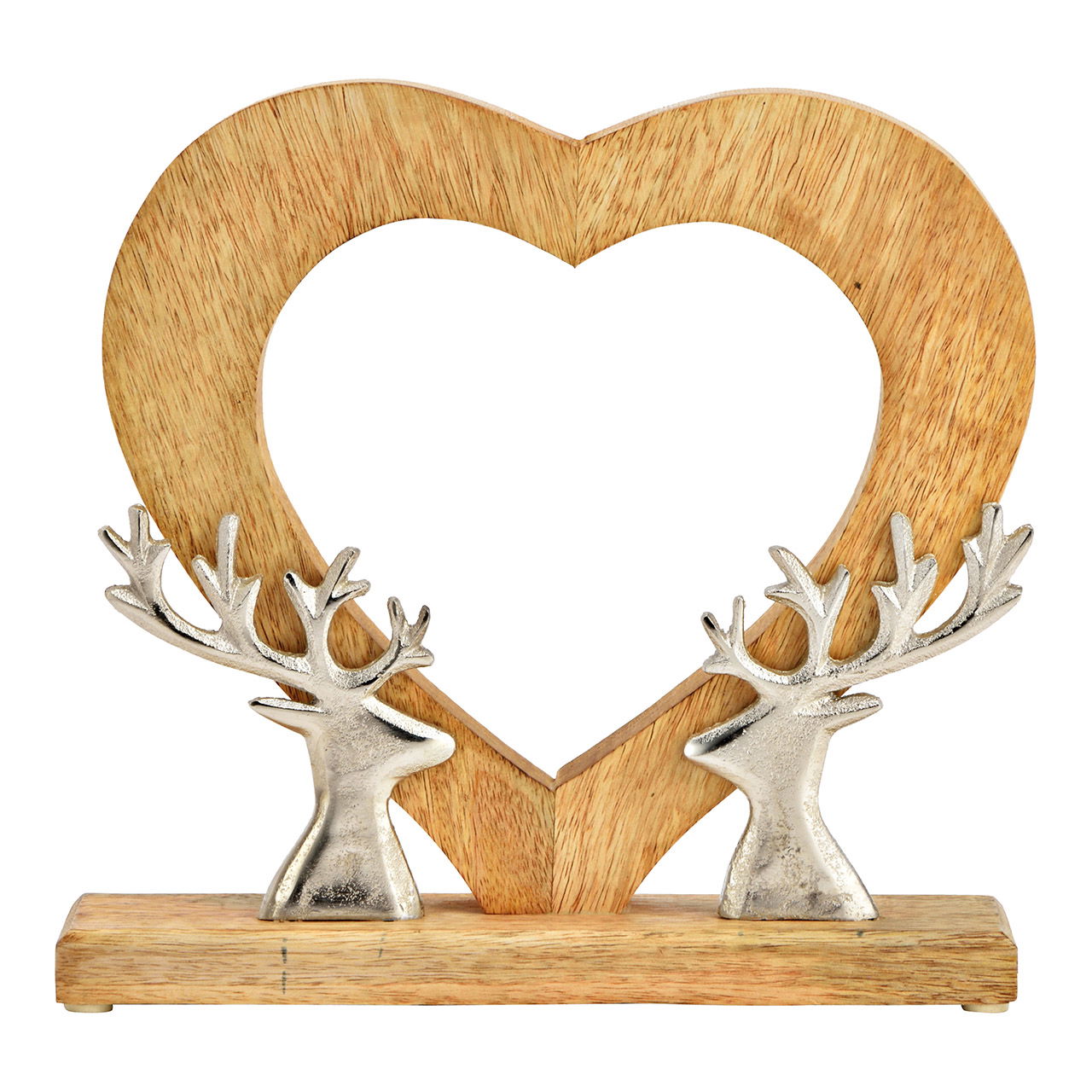 Cuore con decorazione di testa di cervo in metallo, in legno di mango naturale (L/H/D) 26x26x6cm